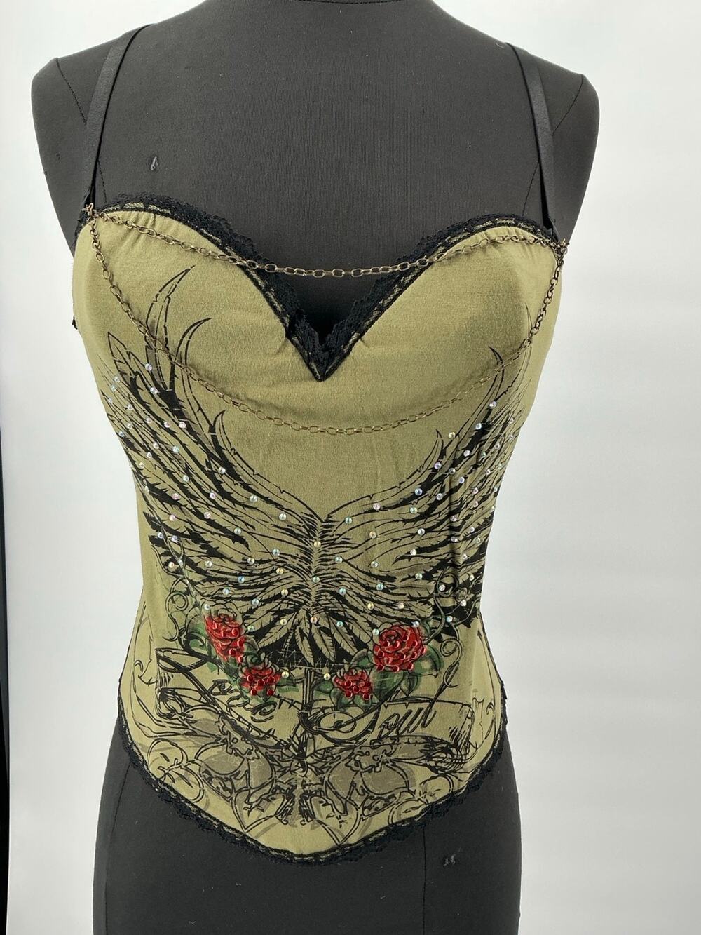 Olive Green Winged Cross Rose Bustier Corset Chain Large Fits Medium